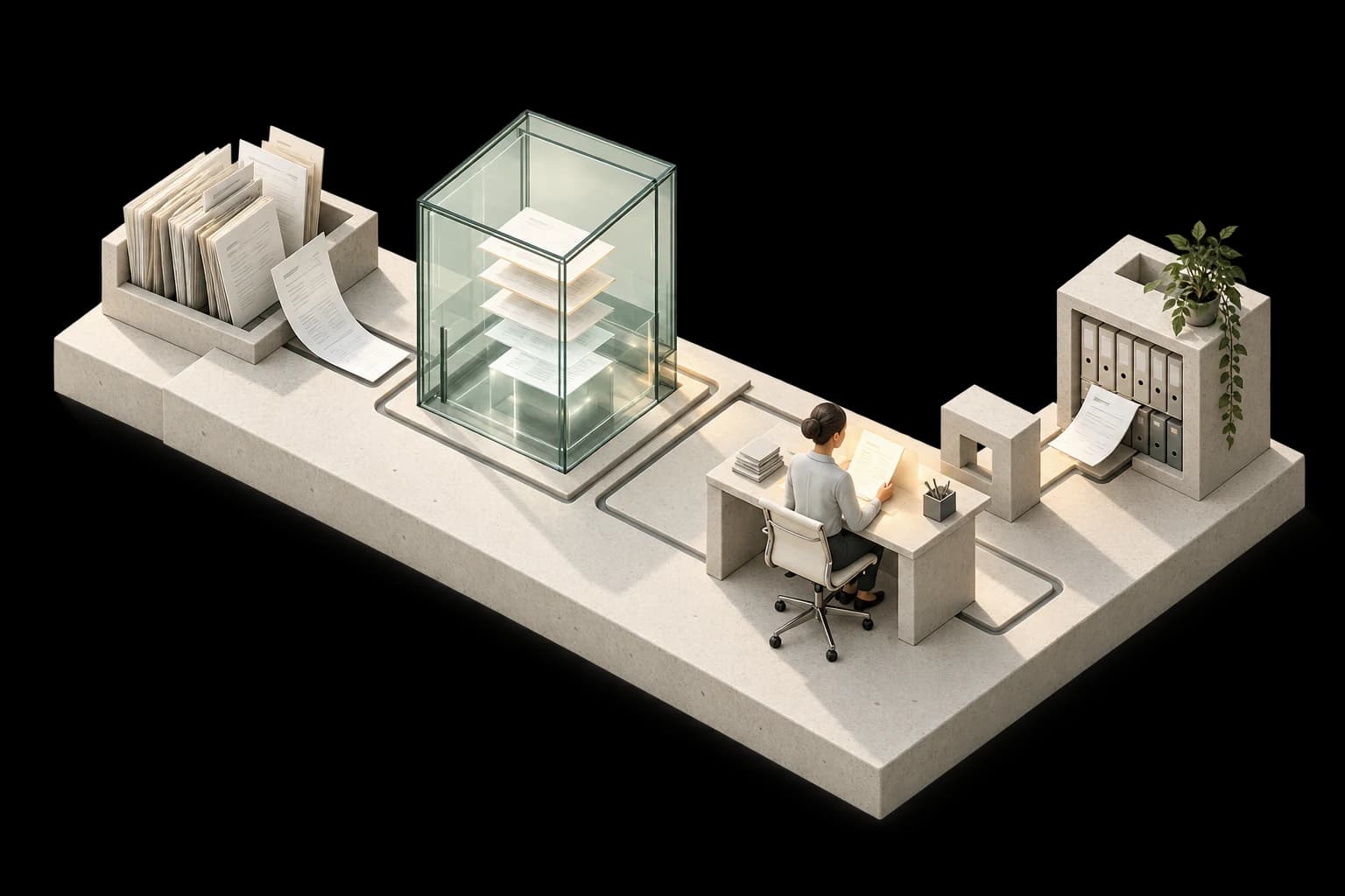 An illustrated studio: documents pass through a glass preparation chamber to a person reviewing a record, before reaching the existing business system.